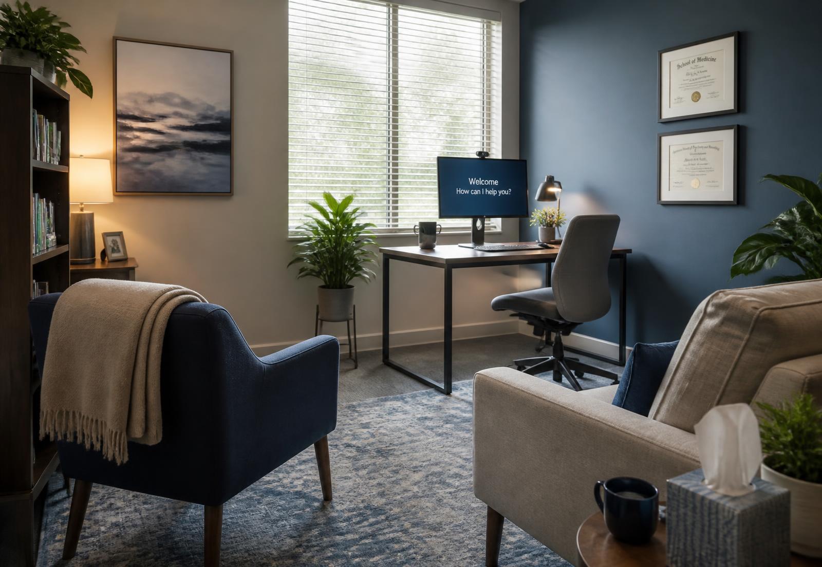 Calm psychiatry consultation office prepared for federal employee appointments